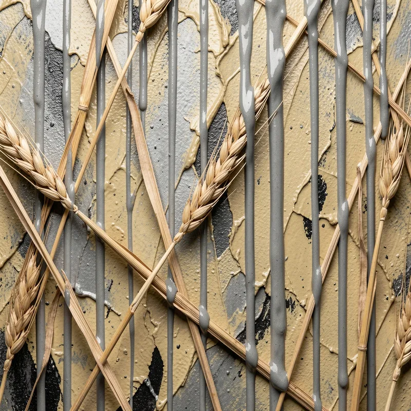 Surface de peinture épaisse en relief avec paille collée et coulures grises dans un atelier