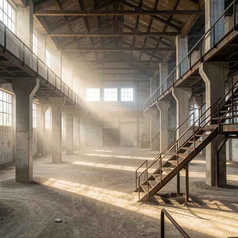 Vaste hangar d&rsquo;atelier avec structures de béton et passerelles métalliques sous une lumière rasante