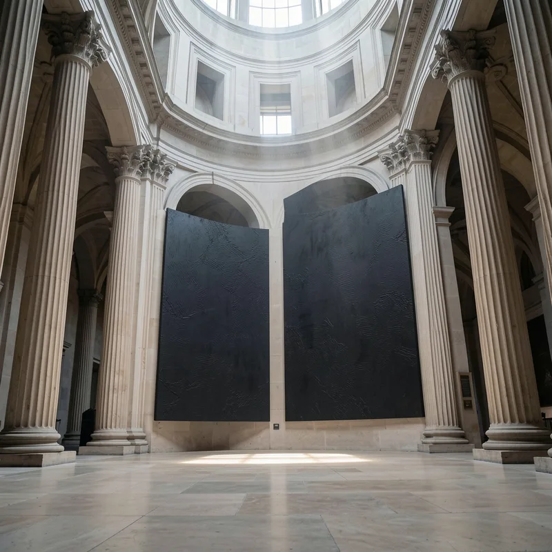 Deux grandes toiles sombres accrochées sous la voûte de pierre d&rsquo;un monument néoclassique