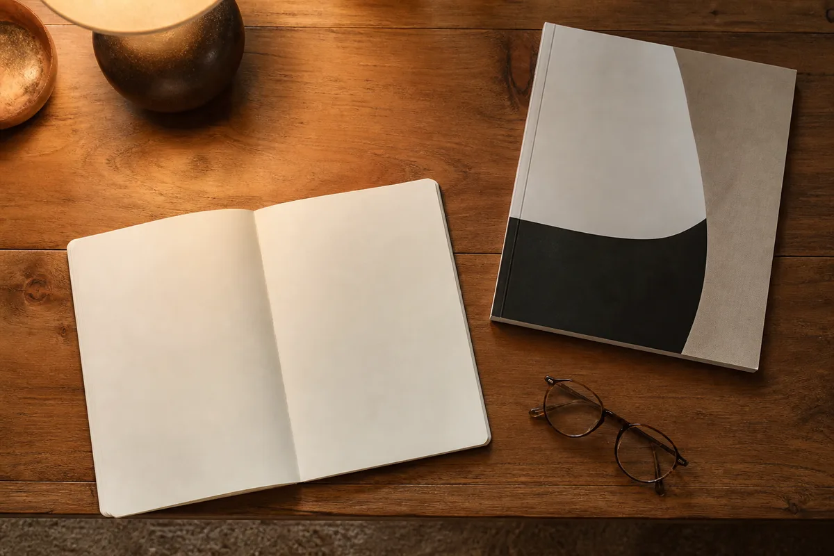 Carnet ouvert, catalogue d&rsquo;exposition et lunettes posés sur une table en bois