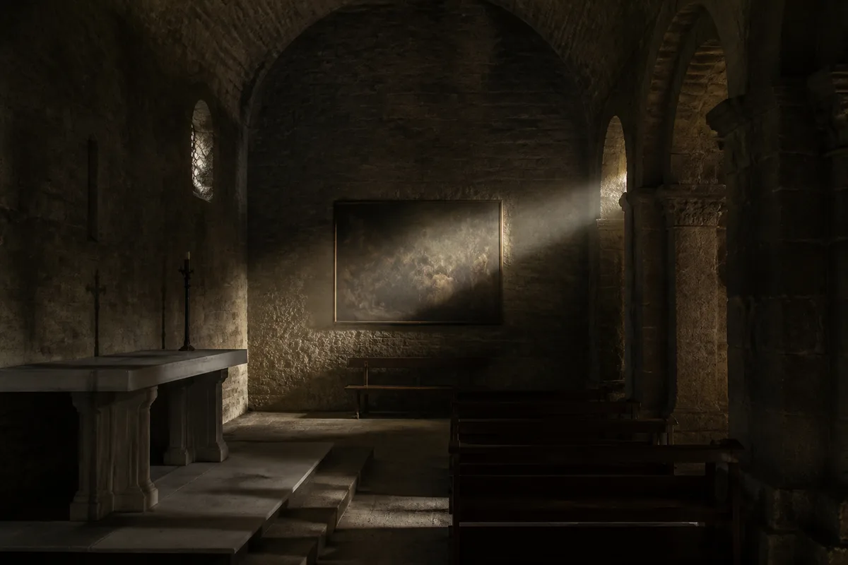 Chapelle romaine sombre où un rai de lumière oblique éclaire une toile ancienne