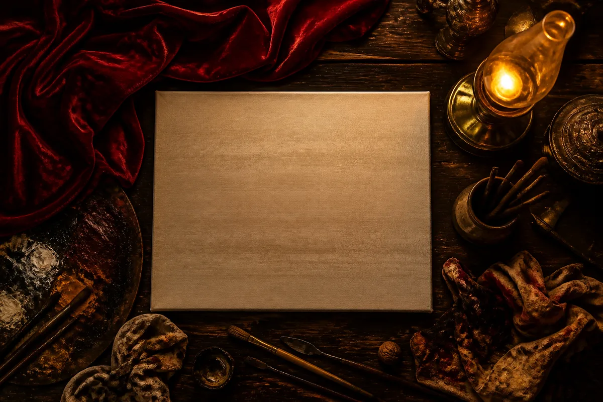 Atelier baroque avec grande toile tendue, drapé rouge et lampe à huile