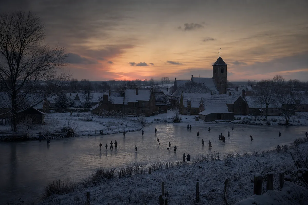 Paysage d&rsquo;hiver flamand du seizième siècle, patineurs sur un étang gelé au pied d&rsquo;un village