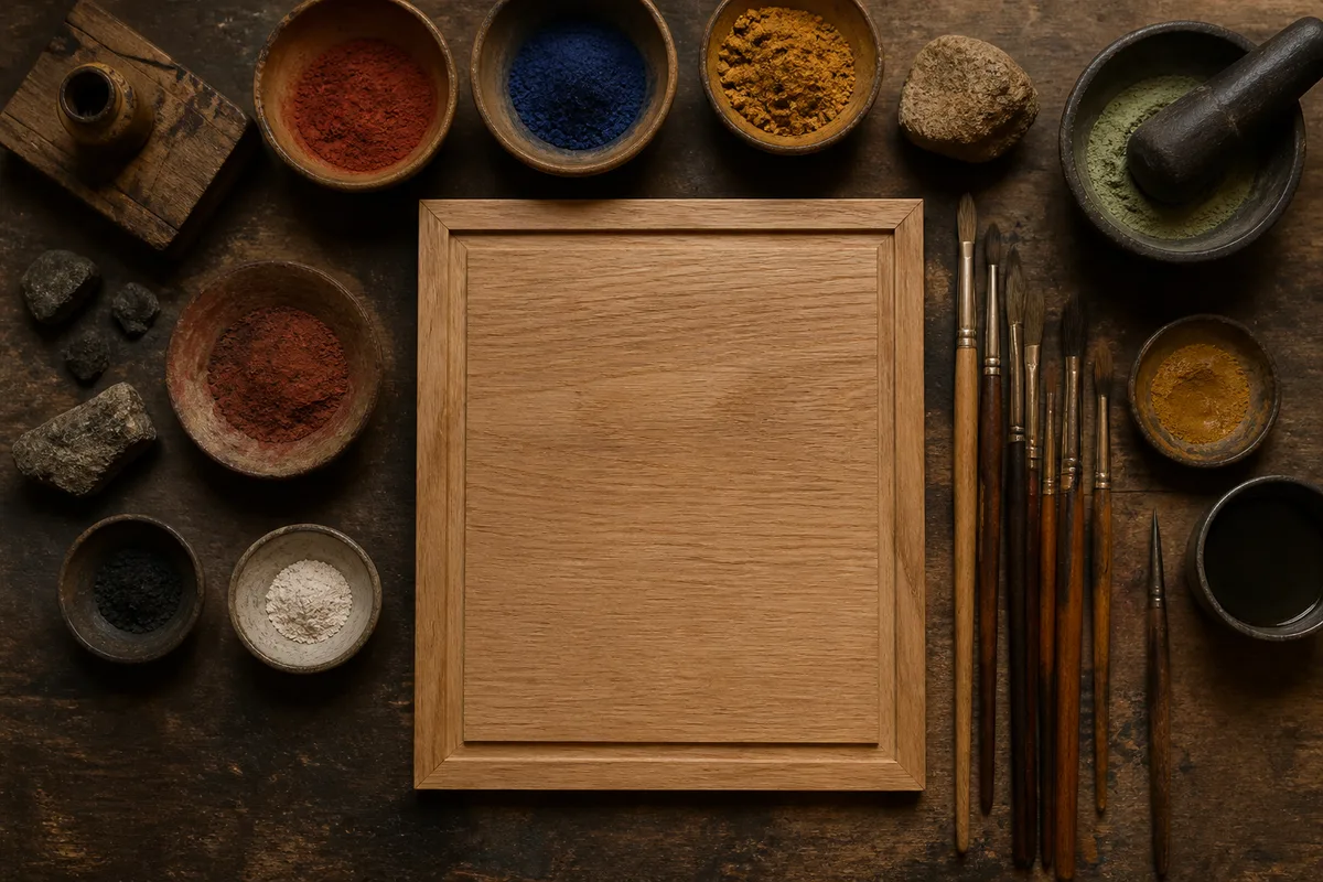 Table d&rsquo;atelier ancienne avec panneau de chêne préparé, pinceaux fins et pigments broyés