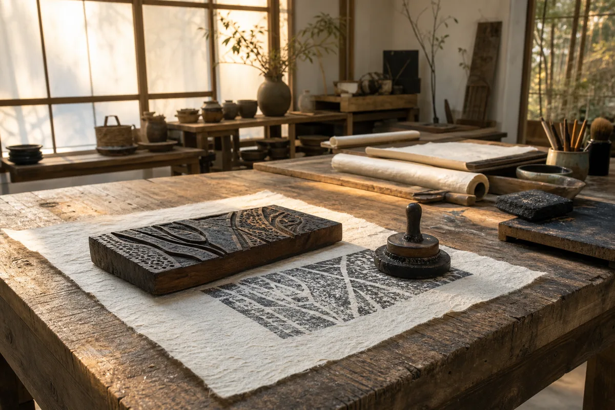 Planche de bois gravée, papier de mûrier et tampon rond posés sur un établi