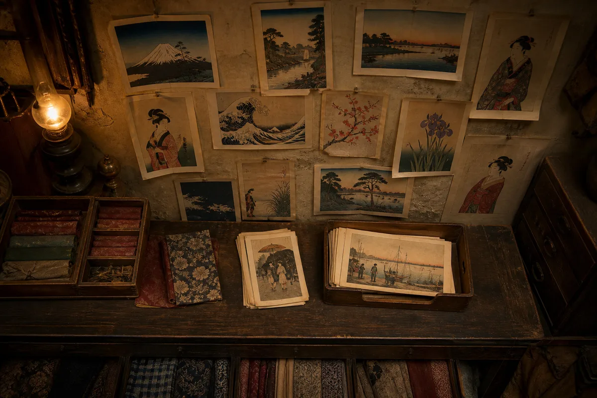 Boutique parisienne du dix-neuvième siècle avec estampes japonaises épinglées au mur