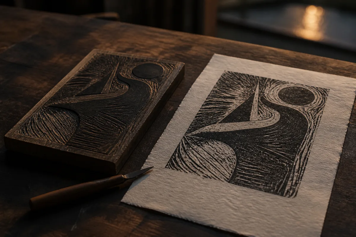 Planche de bois gravée au couteau et épreuve imprimée en noir sur papier