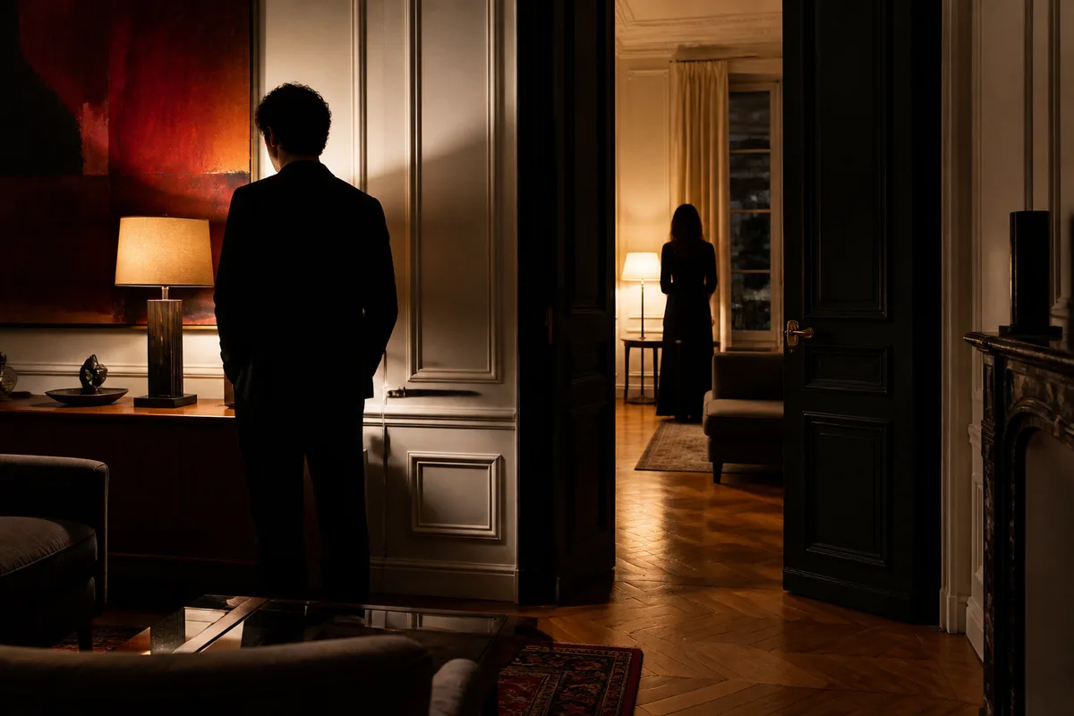 Intérieur bourgeois découpé en noir et blanc, deux silhouettes séparées par une porte