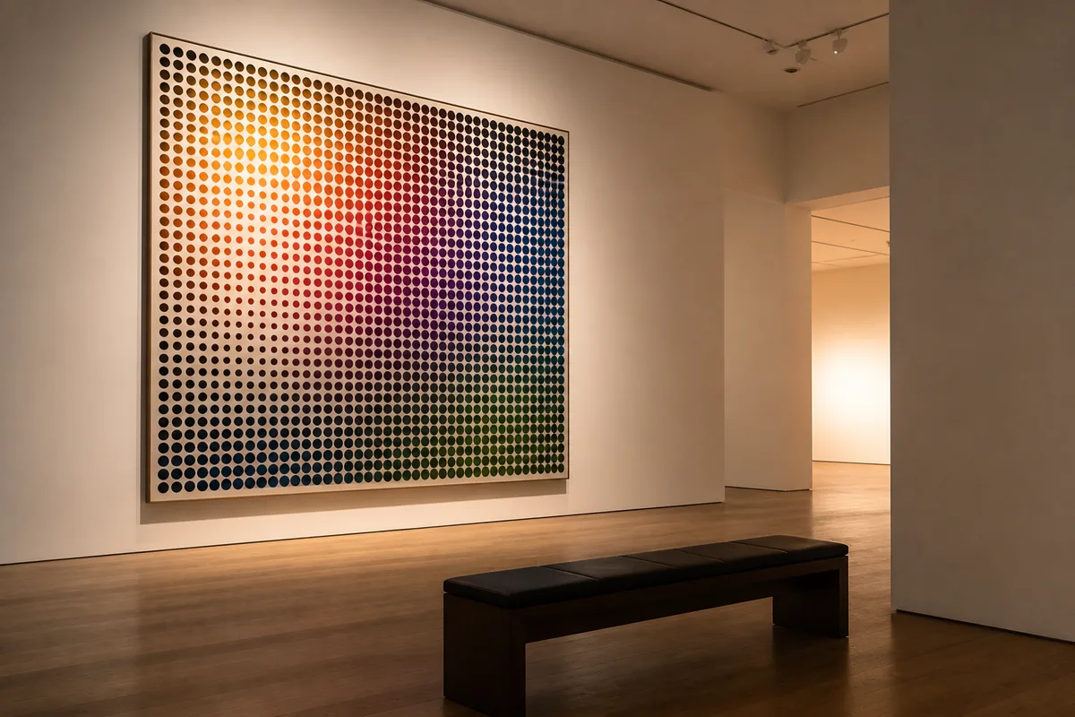 Salle de musée blanche avec un grand tableau à trame de points et un banc vide