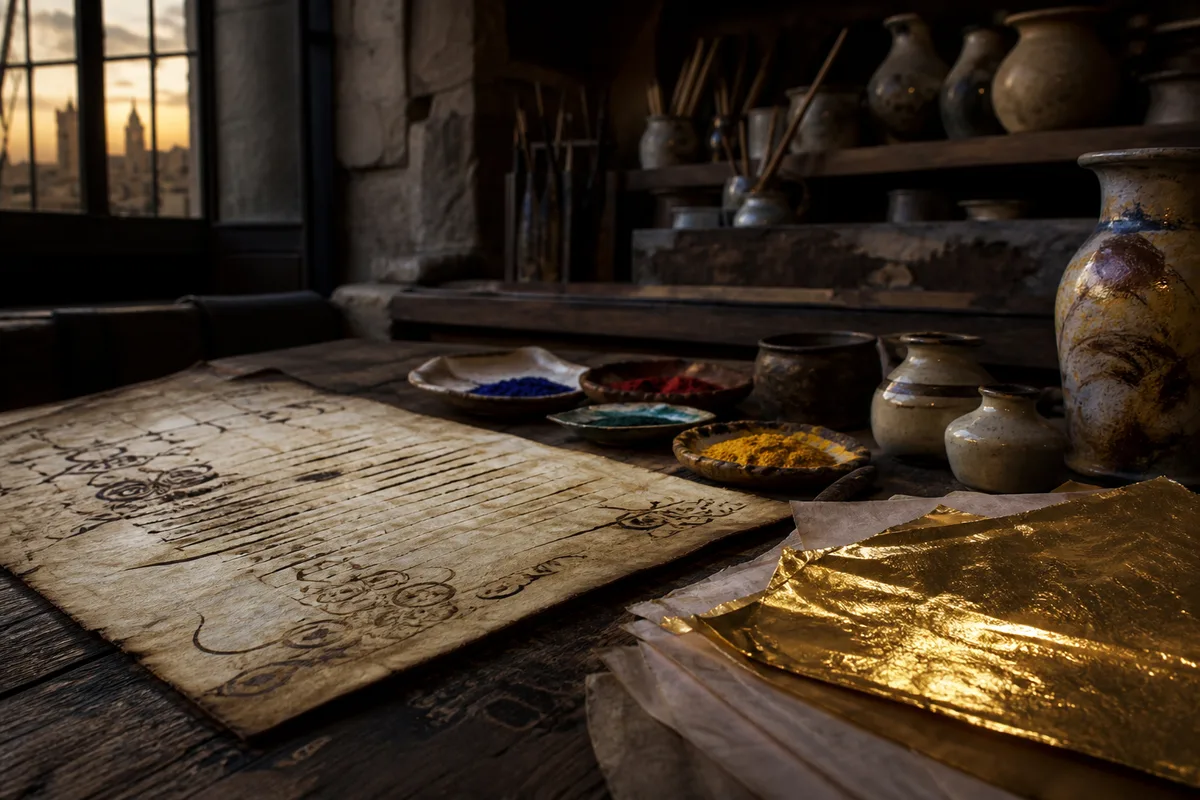 Contrat manuscrit du quinzième siècle posé près de pigments et de feuilles d&rsquo;or