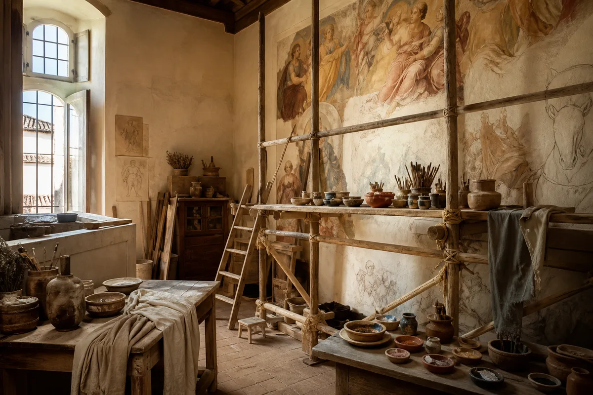 Intérieur d&rsquo;atelier florentin avec échafaudage de bois et fresque en cours d&rsquo;exécution